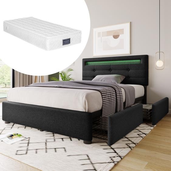 Flieks Lit rembourré avec éclairage LED et tête de lit réglable en hauteur Lit simple avec matelas et 2 tiroirs Literie 90x200cm