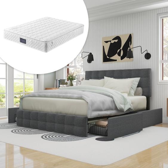 Flieks Lit rembourré avec matelas 140*200cm, Lit double de rangement avec 4 tiroirs, tête de lit & lattes métalliques, lin