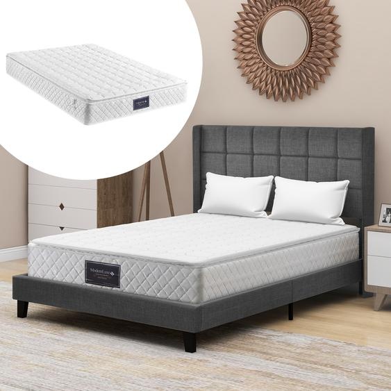 Flieks Lit rembourré avec matelas 140x200cm, Lit double avec sommier à lattes et tête de lit, Lit en bois lin pour jeunes adultes