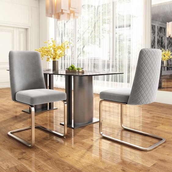 Flieks Lot de 2 chaises cantilever, chaises de salle à manger avec pieds en métal argenté, chaises basculantes, chaises rembourrées avec revêtement en velours, chaises de cuisine, chaises de salon, gris