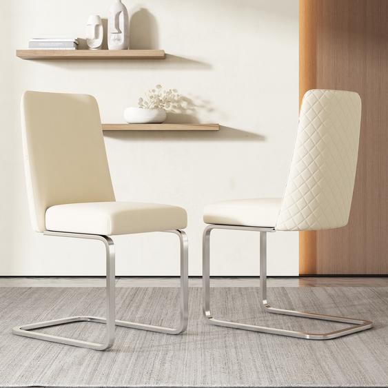 Flieks Lot de 2 chaises cantilever, chaises de salle à manger avec pieds en métal argenté, chaises basculantes rembourrées avec revêtement en velours, chaises de cuisine chaise de salon, Beige