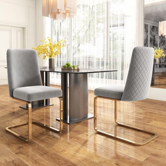 Flieks Lot de 2 chaises cantilever, chaises de salle à manger avec pieds métalliques dorés, chaises basculantes, chaises rembourrées avec revêtement en velours, chaises de cuisine, chaises de salon, gris