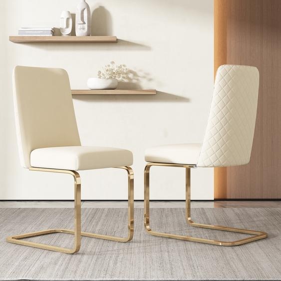 Flieks Lot de 2 chaises cantilever, chaises de salle à manger avec pieds métalliques dorés, chaises basculantes rembourrées avec revêtement en velours, chaises de cuisine chaises de salon, Beige
