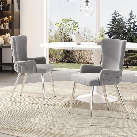 Flieks lot de 2 chaises, chaise de salle à manger recouverte de velours, fauteuil lounge élégant avec pieds en métal argenté, chaises de cuisine chaise de salon, gris