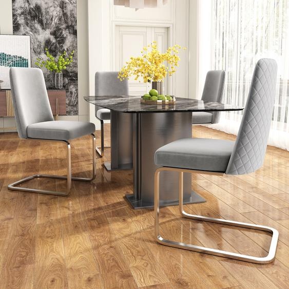Flieks Lot de 4 chaises cantilever, chaises de salle à manger avec pieds en métal argenté, chaises basculantes, chaises rembourrées avec revêtement en velours, chaises de cuisine, chaises de salon, gris