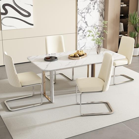Flieks Lot de 4 chaises cantilever, chaises de salle à manger avec pieds en métal argenté, chaises basculantes rembourrées avec revêtement en velours, chaises de cuisine chaise de salon, Beige