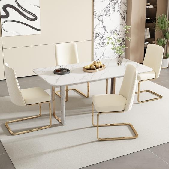 Flieks Lot de 4 chaises cantilever, chaises de salle à manger avec pieds métalliques dorés, chaises basculantes rembourrées avec revêtement en velours, chaises de cuisine chaises de salon, Beige