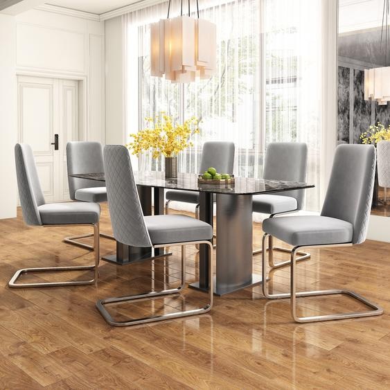 Flieks Lot de 6 Chaises Cantilever, Chaises de Salle à Manger avec Pieds en Métal Argenté, Chaise Balançante, Chaises rembourrées avec Revêtement en Velours, Chaises de Cuisine, Chaises de Salon, Gris