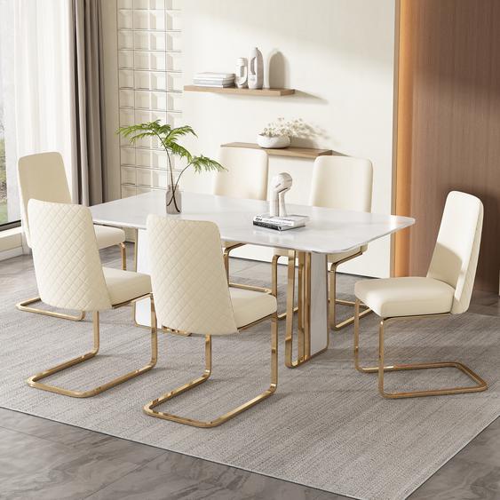 Flieks Lot de 6 chaises cantilever, chaises de salle à manger avec pieds métalliques dorés, chaises basculantes, chaises rembourrées avec revêtement en velours, chaises de cuisine, chaises de salon, Beige