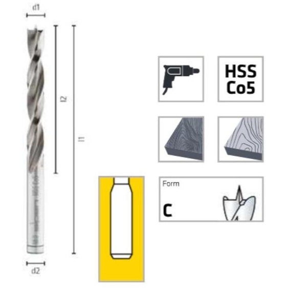 Foret à Tourillon Bois HSS Cobalt Résistance 650 °C - Bois, Panneaux D. 20 x Lt. 178 x Lu. 120 x Q. 9.5 mm x Z2 - Diamwood