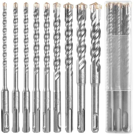 Foret béton SDS , 9pcs (5 Mm 16x160 Mm) foret carrelage, foret Coffret de mèches et burins pour un perforateur , Forets Transversaux Pour Béton,