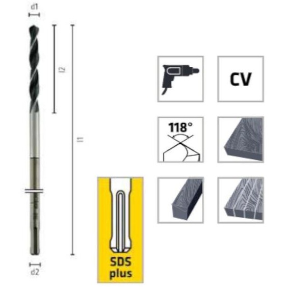 Foret Bois Coffrage pour Cavités, Poutres et Solives CV 118° D. 20 x Lt. 400 x Lu. 120 mm x Q. SDS+ x Z2 - Diamwood