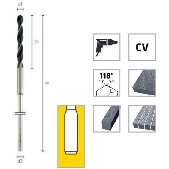 Foret Bois Coffrage pour Cavités, Poutres et Solives CV 118° D. 26 x Lt. 600 x Lu. 120 x Q. 11 mm x Z2 - Diamwood