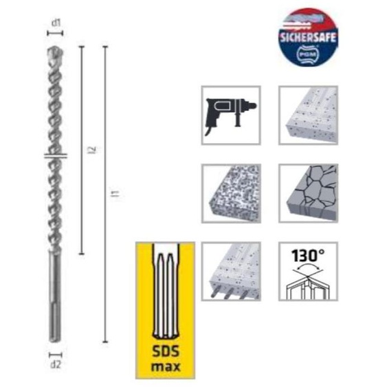 Foret Marteau - 4 Taillants - Béton, Pierre, Maçonnerie 130° D. 18 x Lt. 340 x Lu. 200 x Q. SDS-MAX mm x Z4 - Diamwood