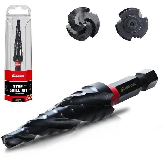 Forets à paliers Ø 4-12 mm, acier à haute vitesse (HSS), cobalt M35, revêtement AlTiN, 9 paliers, pour métaux, acier inoxydable, aluminium, bois, plastique