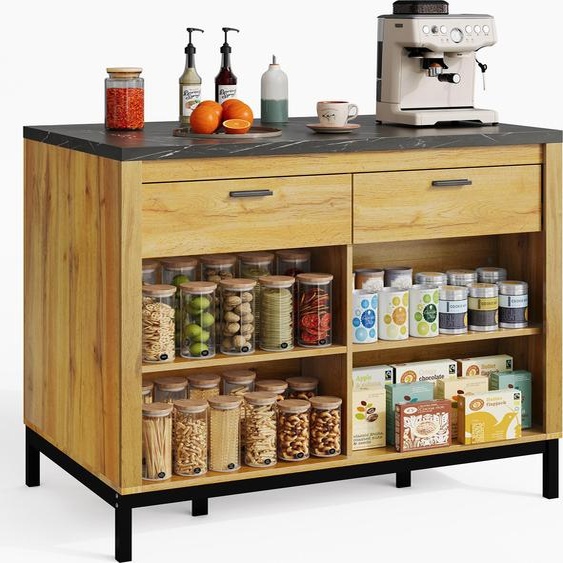Fortuna Lai 120×75×90cm, îlot de cuisine de style rustique – îlot de cuisine avec 2 tiroirs et 4 étagères ouvertes, grain de chêne, plan de travail en marbre noir, structure métallique, arrière avec coin bar