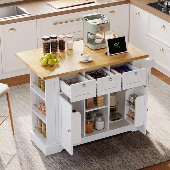 Fortuna Lai 132 cm Table de cuisine mobile, style cottage, plan de travail rabattable, armoire multifonctionnelle, tiroir, étagère à épices, porte-serviettes, 5 roulettes, prise intégrée, cuisine/salle à manger/maison
