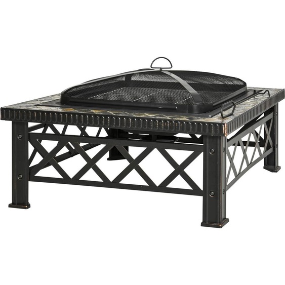 Fortuna Lai 3-en-1 Brasero Panier à feu Foyer avec pare-étincelles, grille de barbecue et seau à glace pour jardin BBQ Noir 76x76x47cm