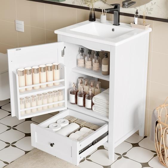 Fortuna Lai 51x46x85cm Meuble de salle de bain sur pied avec lavabo, vasque, finition laquée, tablette de porte, tiroir silencieux de grande capacité, étagère réglable, lavabo en céramique, blanc