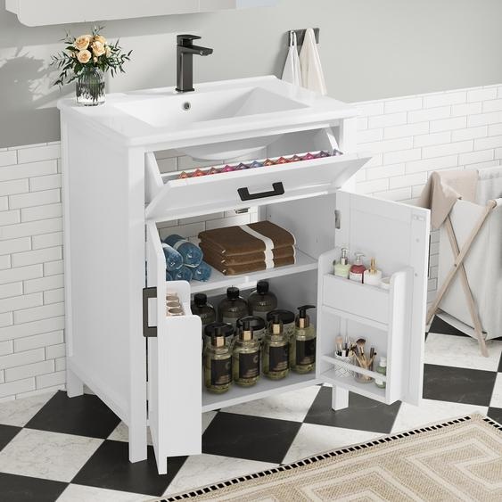 Fortuna Lai 60 x 46 x 84,8 cm Meuble de salle de bain sur pied avec lavabo, plan de toilette, finition laquée, étagères à double porte, tiroirs pratiques, étagères réglables, lavabo en céramique intégré, blanc