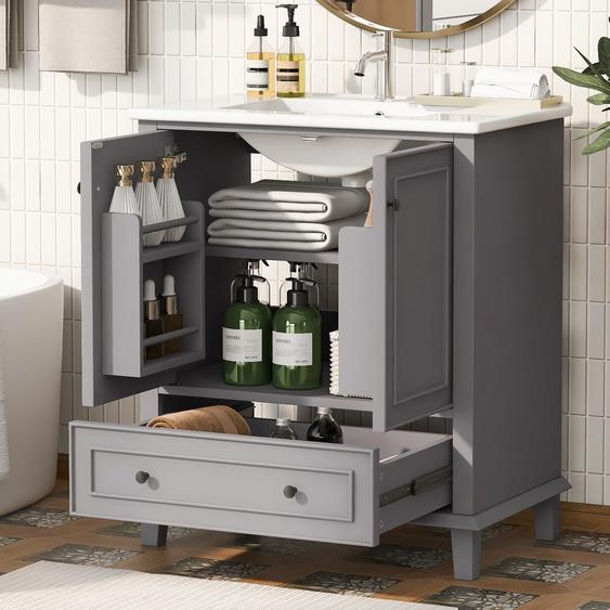 Fortuna Lai 76x46x87cm Meuble de salle de bain sur pied avec lavabo, tablette, pieds en bois massif, finition laquée, résistant à lhumidité et à leau, grand espace de rangement, lavabo en céramique intégré, gris