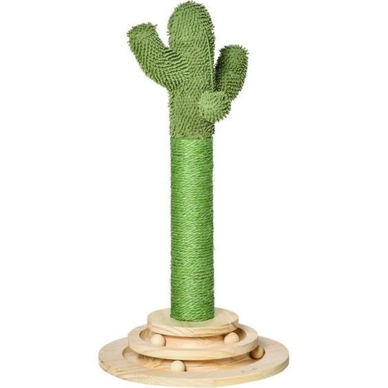 Fortuna Lai Arbre à chat Cactus Arbre à chat en bois de pin Corde en sisal Tronc à griffer avec jouet en bois pour chat 60 cm de haut Vert+Nature