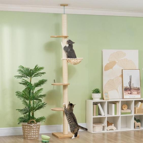 Fortuna Lai Arbre à chat haut jusquau plafond, dispositif anti-basculement, poteaux en corde de sisal, matériau dérivé du bois, chêne + blanc crème