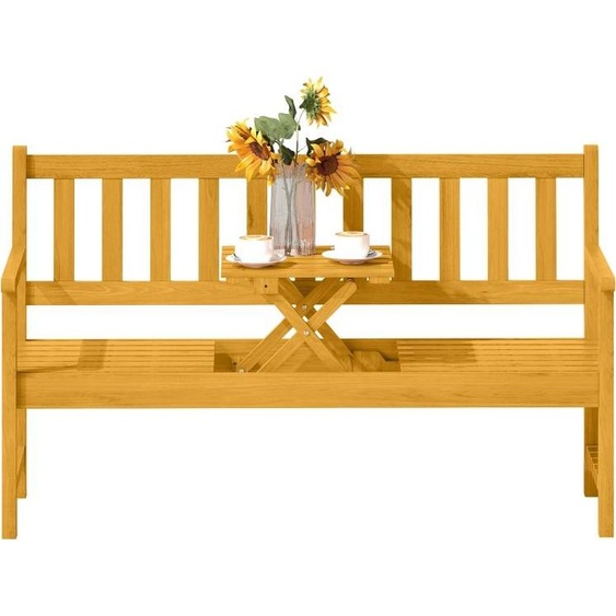 Fortuna Lai Banc de jardin 2 places en bois, résistant aux intempéries, avec dossier et accoudoirs, table pliante Banc public pouvant supporter une charge de 320 kg, banc de balcon, banc en bois pour balcon, jardin, 149 x 56,5 x 89 cm, teck