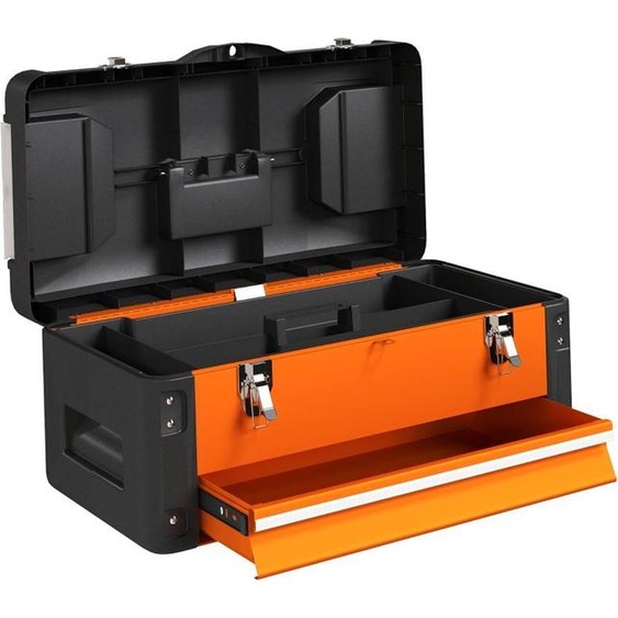 Fortuna Lai Boîte à outils vide, 49,7 x 25,3 x 23 cm Boîte à outils avec tiroir, mini-boîte, compartiment de rangement supérieur, poignée, coffre à outils en acier, orange