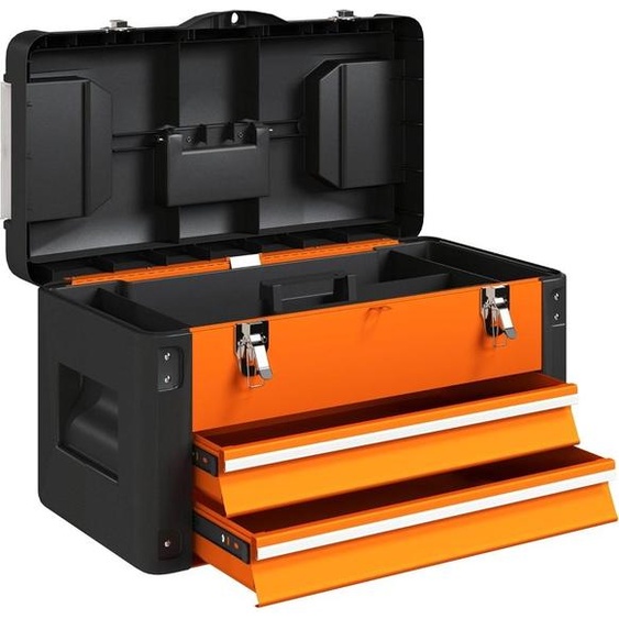 Fortuna Lai Boîte à outils vide, 49,7 x 25,3 x 28,9 cm Boîte à outils avec tiroir, mini-boîte, compartiment de rangement supérieur, poignée, coffre à outils en acier, orange