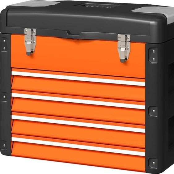 Fortuna Lai Boîte à outils vide, 49,7 x 25,3 x 40,7 cm Boîte à outils avec 4 tiroirs, mini-boîte, compartiment de rangement supérieur, poignée, coffre à outils en acier, orange