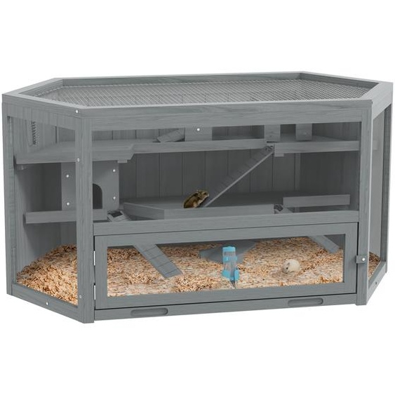 Fortuna Lai Cage à rongeurs à 3 étages, cage hexagonale pour petits animaux, maison en bois pour petits animaux, cage à souris, cage à hamster avec couvercle rabattable, fenêtre, rampe, 115 x 60 x 55 cm Gris