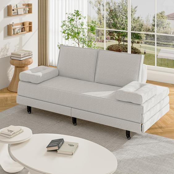 Fortuna Lai Canapé-lit 90x200cm/180x200cm cm en lin, Canapé-lit extensible avec accoudoirs & coussins, Lit dappoint pliable, Canapé-lit multifonctionnel, Blanc