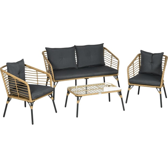 Fortuna Lai Ensemble de meubles de jardin 4 pièces Ensemble de sièges en rotin avec coussins 3 fauteuils 1 table basse Meubles de balcon de style bohème pour 4 personnes Sable Gris foncé