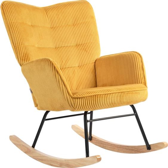 Fortuna Lai Fauteuil à bascule, fauteuil à bascule aspect berbère, accoudoirs, fauteuil avec patins en bois, fauteuil relax pour salon, chambre à coucher, jaune