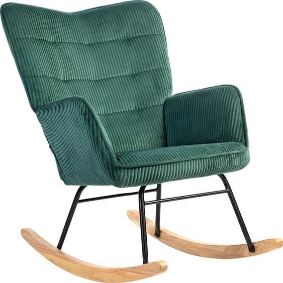 Fortuna Lai Fauteuil à bascule, fauteuil à bascule aspect corde, accoudoirs, fauteuil avec patins en bois, fauteuil relax pour salon, chambre à coucher, vert foncé
