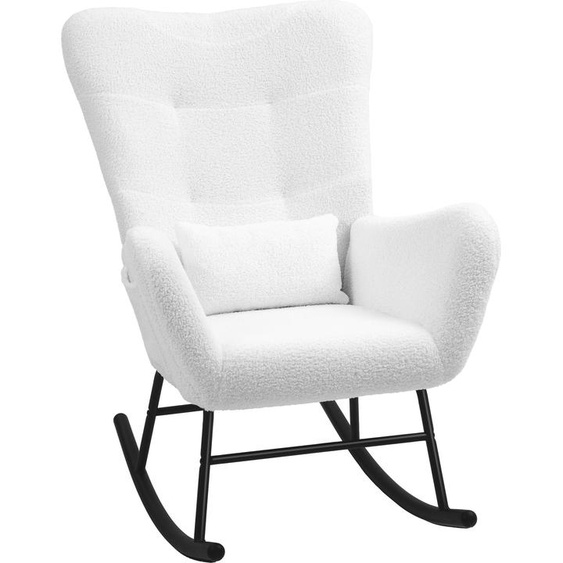 Fortuna Lai Fauteuil à bascule, fauteuil à bascule aspect peluche, accoudoirs, fauteuil dallaitement avec patins en bois, coussin lombaire, fauteuil relax avec poche latérale pour salon, chambre à coucher, blanc