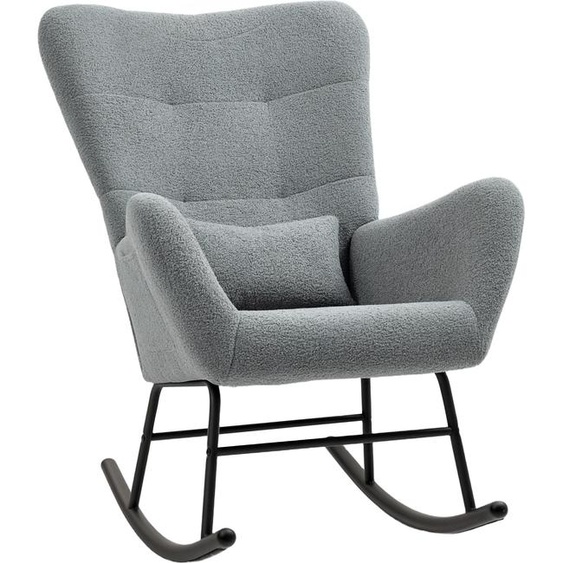 Fortuna Lai Fauteuil à bascule, fauteuil à bascule aspect peluche, accoudoirs, fauteuil dallaitement avec patins en bois, coussin lombaire, fauteuil relax avec poche latérale pour salon, chambre à coucher, gris