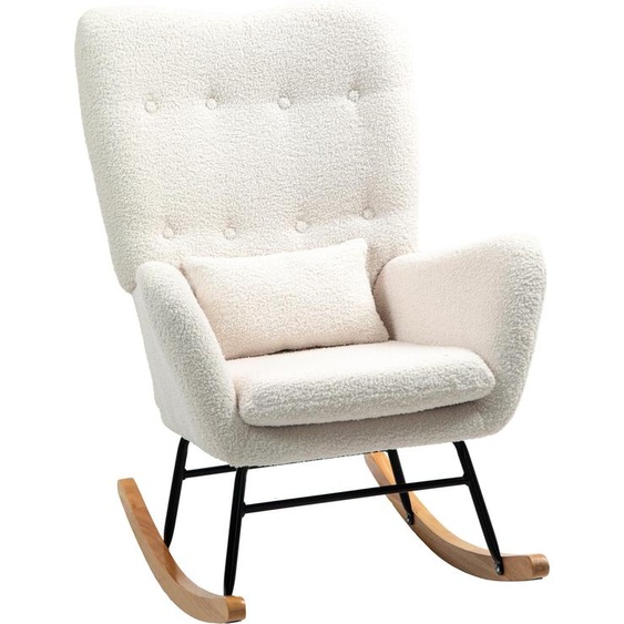 Fortuna Lai Fauteuil à bascule, fauteuil à bascule avec accoudoirs, aspect peluche, fauteuil dallaitement avec patins en bois, coussin lombaire, fauteuil relax Fauteuil à bascule pour salon, chambre à coucher, blanc crème