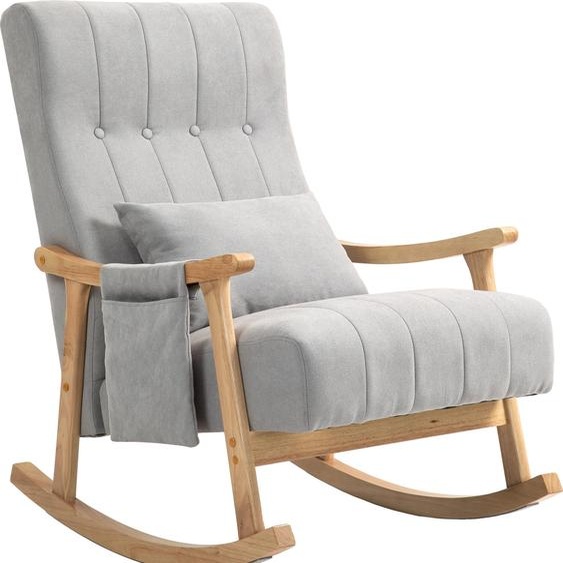 Fortuna Lai Fauteuil à bascule Fauteuil à bascule rembourré avec coussin lombaire Poche latérale Fauteuil relax Cadre en bois Aspect lin Pour salon Chambre à coucher Gris