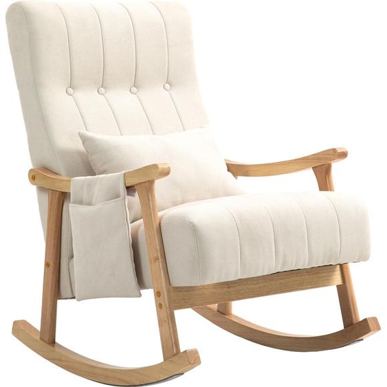 Fortuna Lai Fauteuil à bascule rembourré avec coussin lombaire et poche latérale Fauteuil relax Cadre en bois Aspect lin Pour salon Chambre à coucher Beige