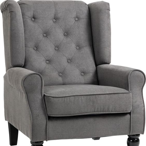 Fortuna Lai Fauteuil individuel Fauteuil relax Fauteuil à oreilles avec capitonnage, pieds en bois, polyester, gris foncé, 74x86x102cm pour salon et chambre à coucher