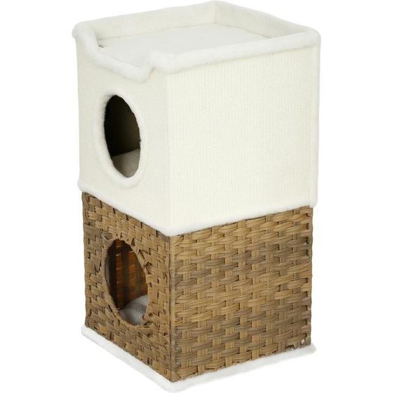 Fortuna Lai Griffoir 75,5 cm Griffoir à trois niveaux avec bordure en peluche, coussin, niche pour chat, arbre à chat pour chats de taille moyenne, blanc crème