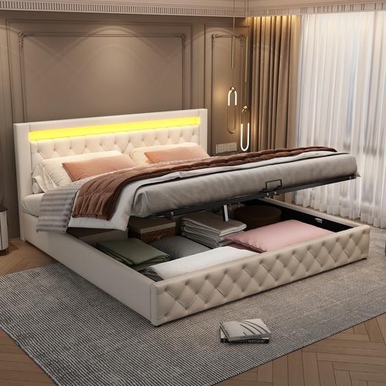 Fortuna Lai Lit boxspring hydraulique 180x200cm Lit rembourré avec sommier à lattes, éclairage LED et fonction de rangement, lit de rangement Lit fonctionnel double en PU, blanc