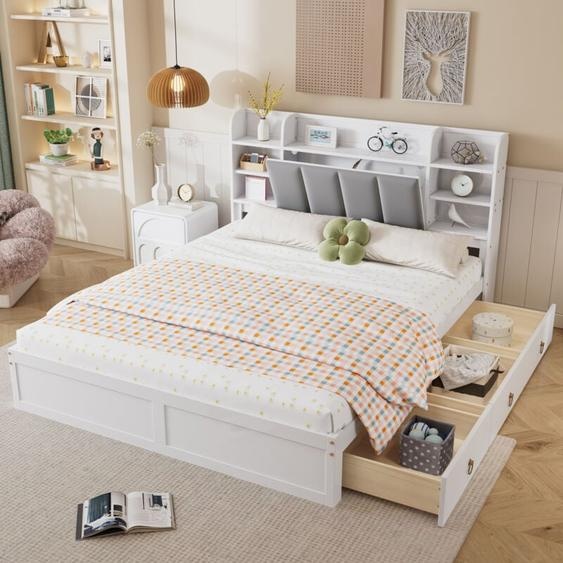 Fortuna Lai - Lit double 160x200cm - avec 3 tiroirs, sommier à lattes et tête de lit rangement - pin+MDF - blanc+gris