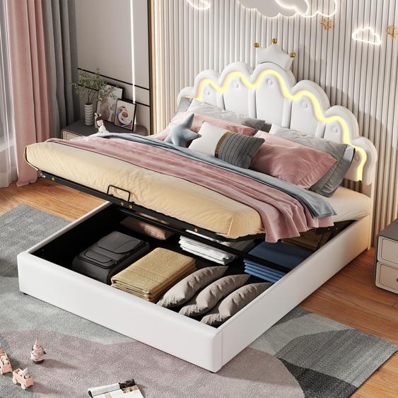 Fortuna Lai Lit rembourré 140*200cm, lit boxspring hydraulique avec sommier à lattes, forme couronne Lit de princesse, lit denfant avec Led, lit double, similicuir, blanc