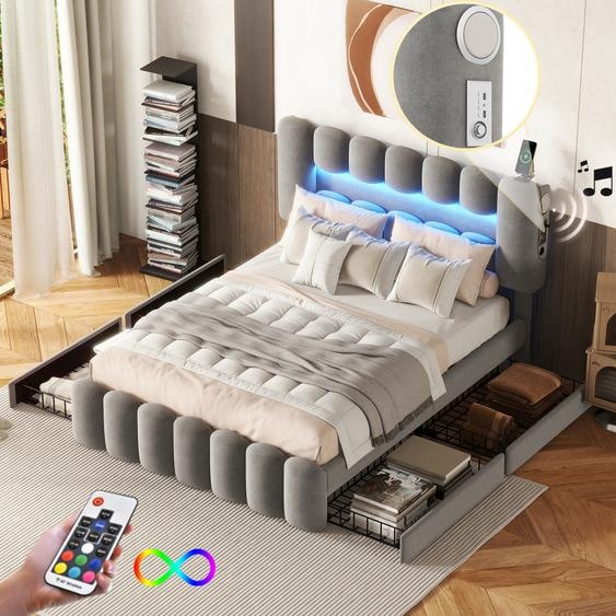 Fortuna Lai Lit rembourré 140x200cm avec tête de lit LED réglable en hauteur et 4 tiroirs, lit double avec USB et chaîne hi-fi, lit fonctionnel pour adolescents avec sommier à lattes Lit pour adolescents Housse en velours, gris