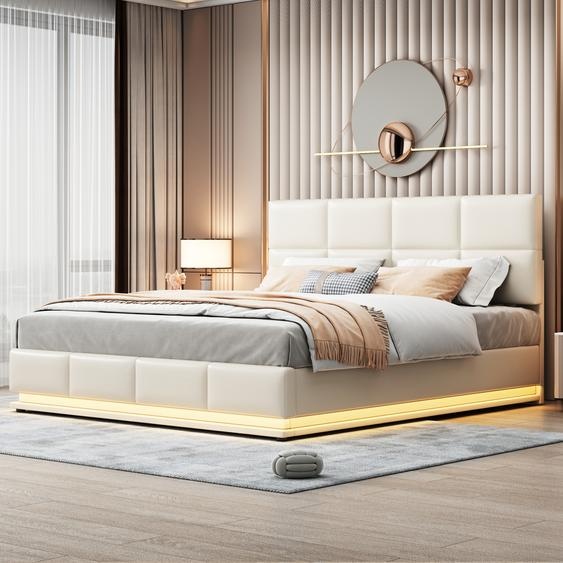 Fortuna Lai Lit rembourré 180x200 cm avec LED, lit boxspring hydraulique avec sommier à lattes et espace de rangement, lit double en bois lit dadolescent similicuir, beige