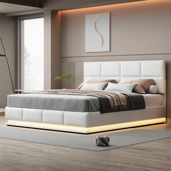 Fortuna Lai Lit rembourré 180x200 cm avec LED, lit boxspring hydraulique avec sommier à lattes et espace de rangement, lit double en bois lit dadolescent similicuir, blanc