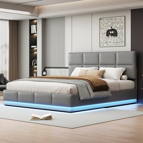 Fortuna Lai Lit rembourré 180x200 cm avec LED, lit boxspring hydraulique avec sommier à lattes et espace de rangement, lit double en bois lit dadolescent similicuir, gris clair